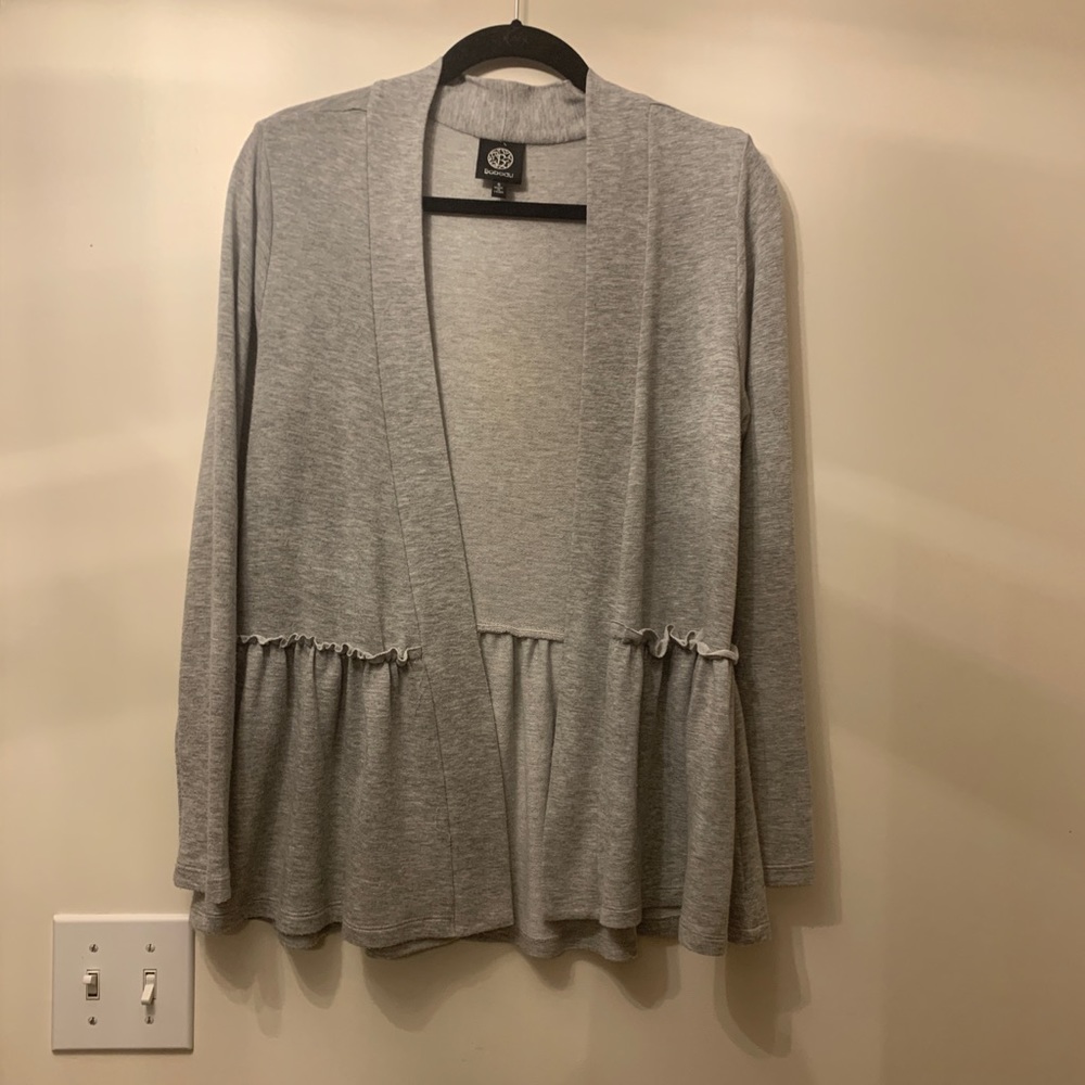 Bobeau Gray Cardigan with Ruffle at Waist